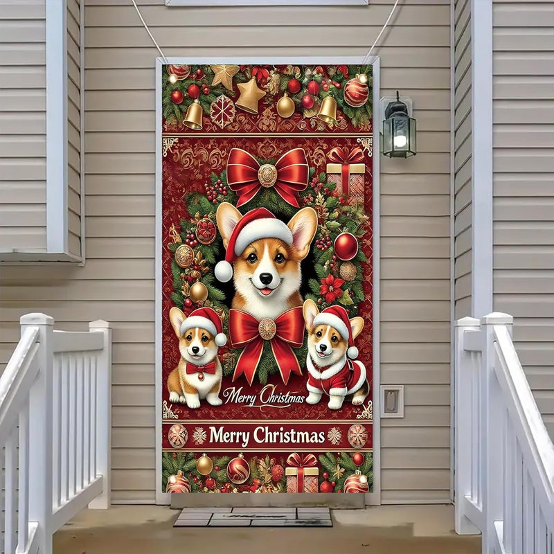 Saoplasa Christmas Corgi Door Cover Decoration 71 x 35 Inch Red Festive Banner with Cute Santa Dog Design and Holiday Wreath for Merry Christmas Wall Decor Party Welcome Backdrop Sign - Image 2